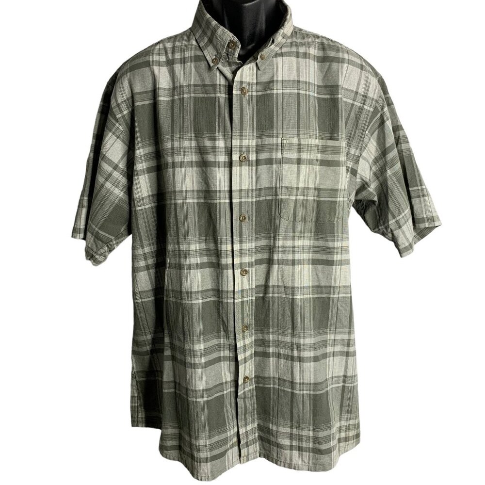Red Head Button Down Short Sleeve Shirt XL Green Plaid Collared Pocket Cotton